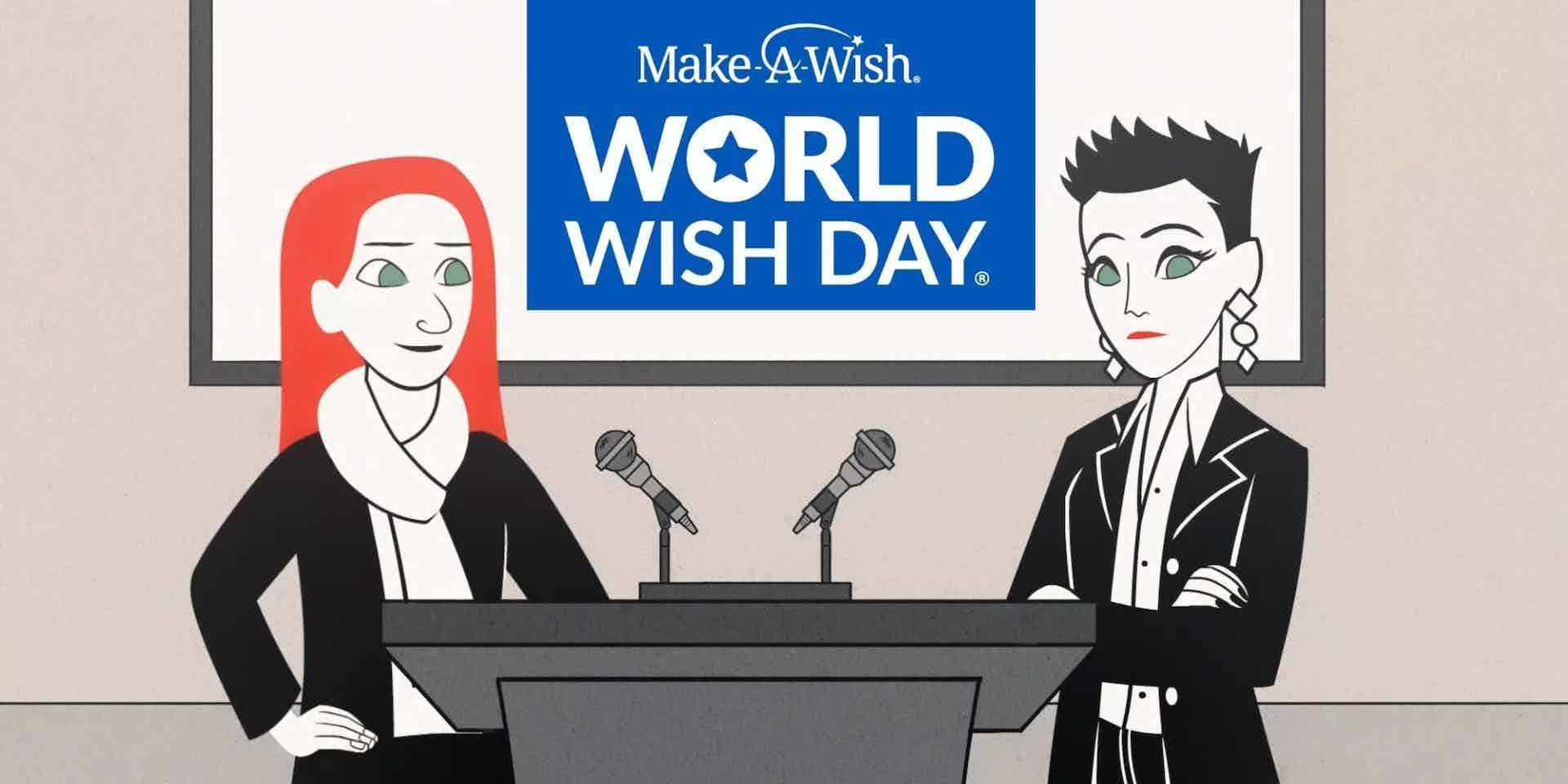 Animation still image of Red & Black at speaker’s podium with projector screen behind them; image on screen is Make-A-Wish logo with the words “World Wish Day” below it.