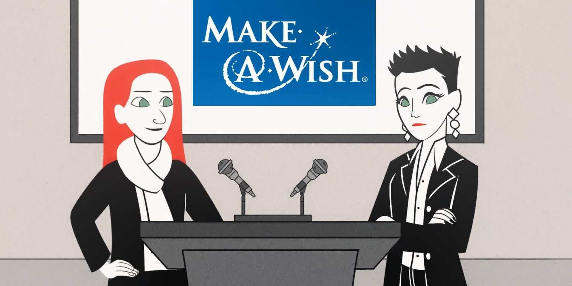 Animation still image of Red & Black at speaker’s podium with projector screen behind them; image on screen is the Make-A-Wish logo, which consists of the words “Make-A-Wish” in white against a blue background with a line beginning in the middle of the “A” that swoops around and then becomes a star over the “i” in “Wish”