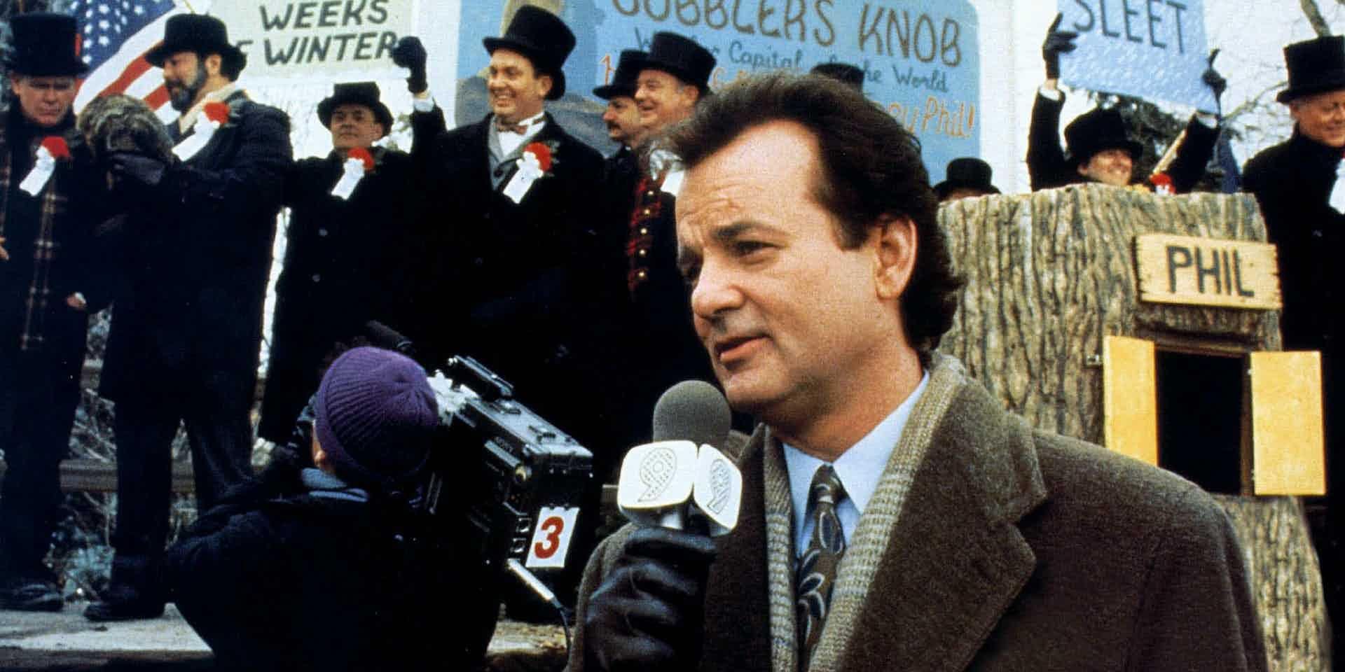 Image of Bill Murray as Phil Connors addressing the crowd from the movie, Groundhog Day