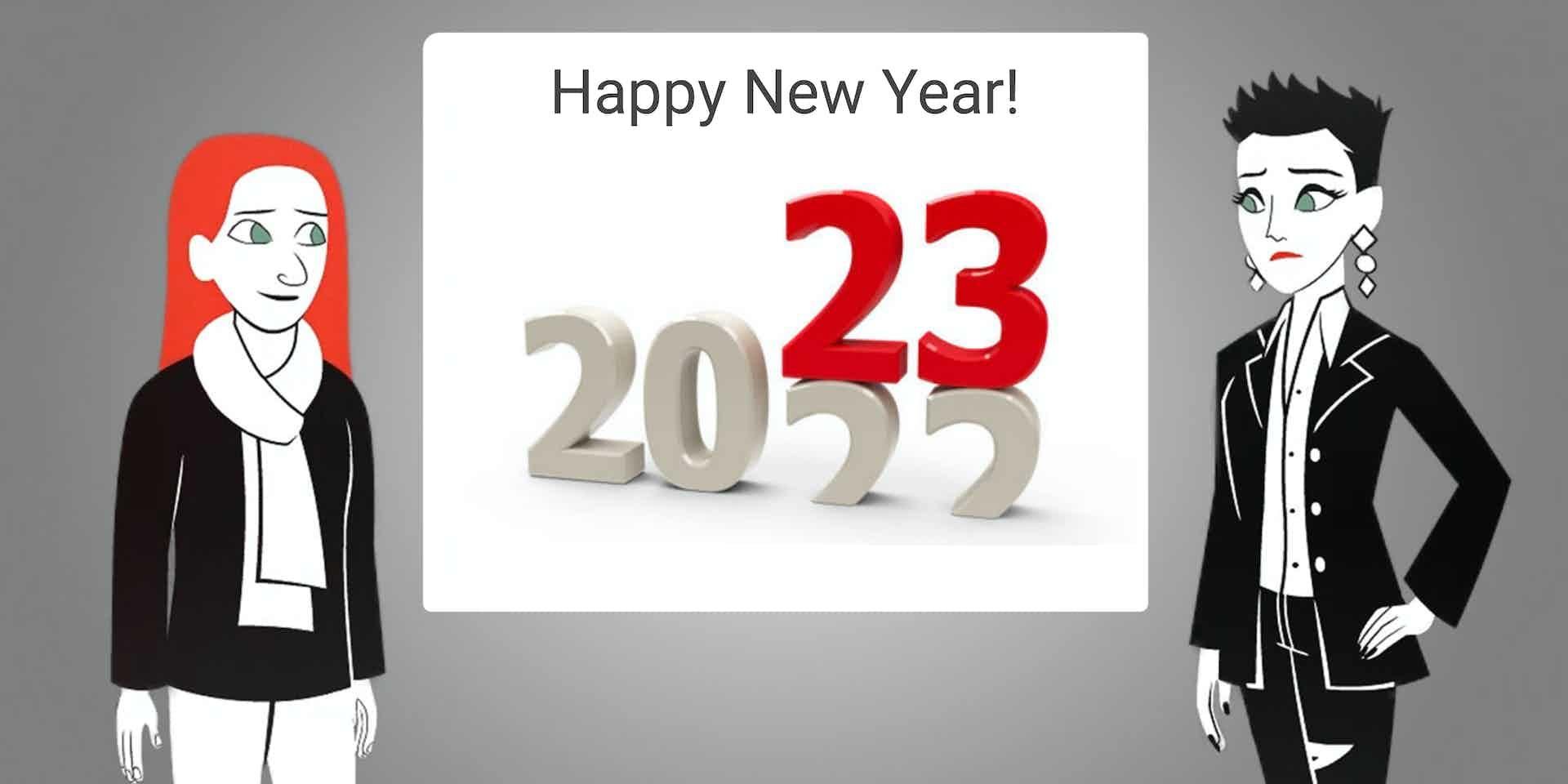 Animation still image of Red & Black looking at “Happy New Year!” with 3D image below it that’s the number 2022 all in gray changing to 2023 with the “23” in red