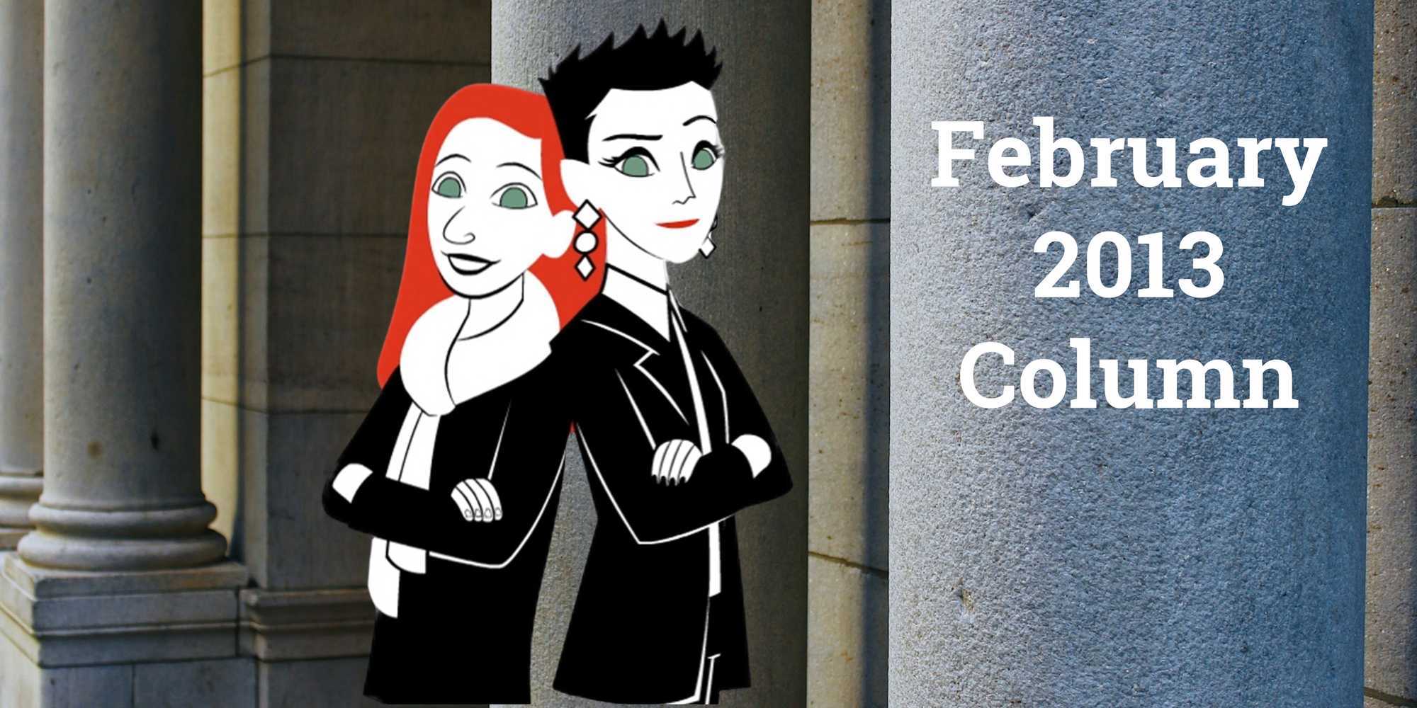 Red & Black standing in front of building with columns, and the text "February 2013 column"